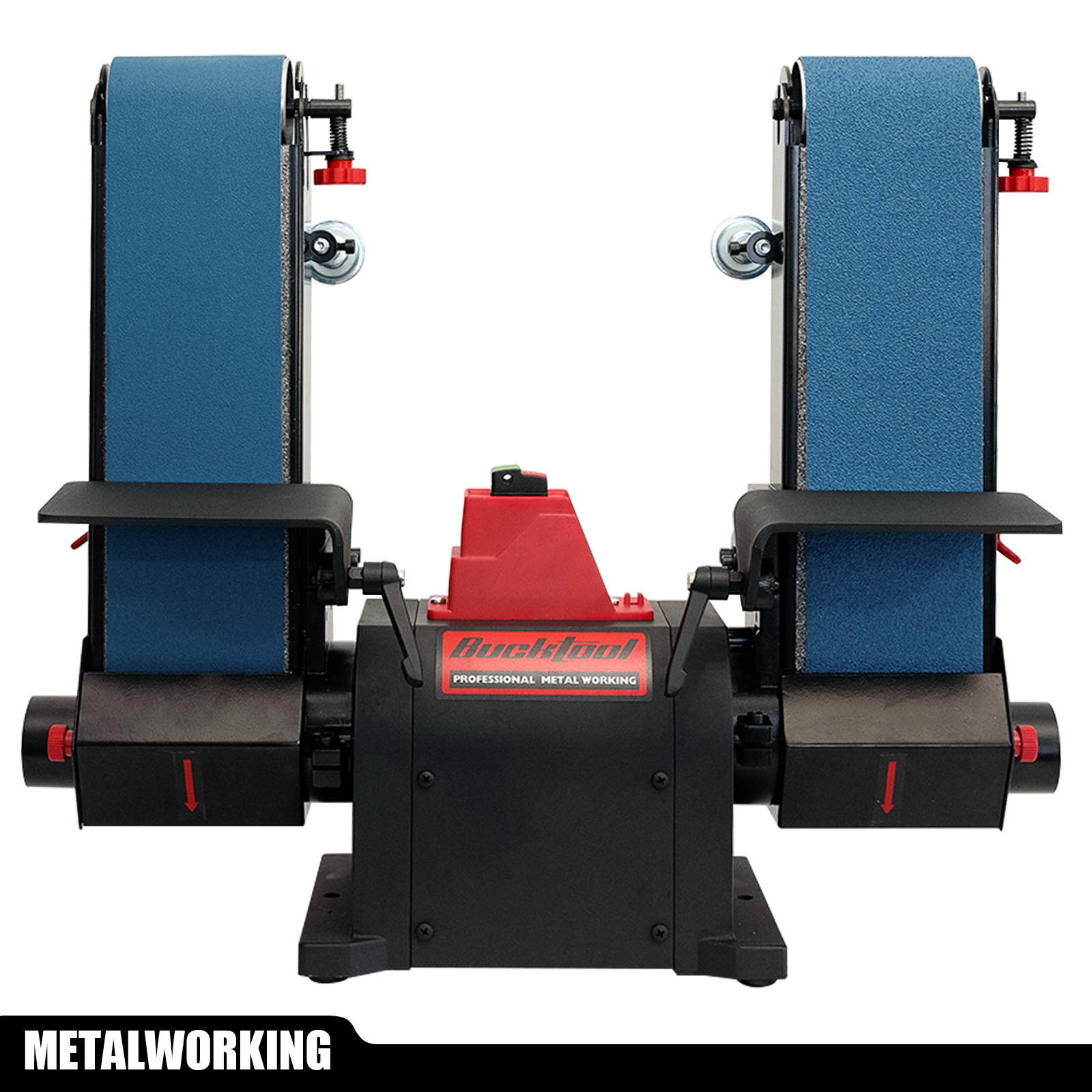 BUCKTOOL 1HP Benchtop Dual-Belt Sander, 4 x 36 in Sanding Belts with 80 & 120 Grits, 2160 FPM BS436D