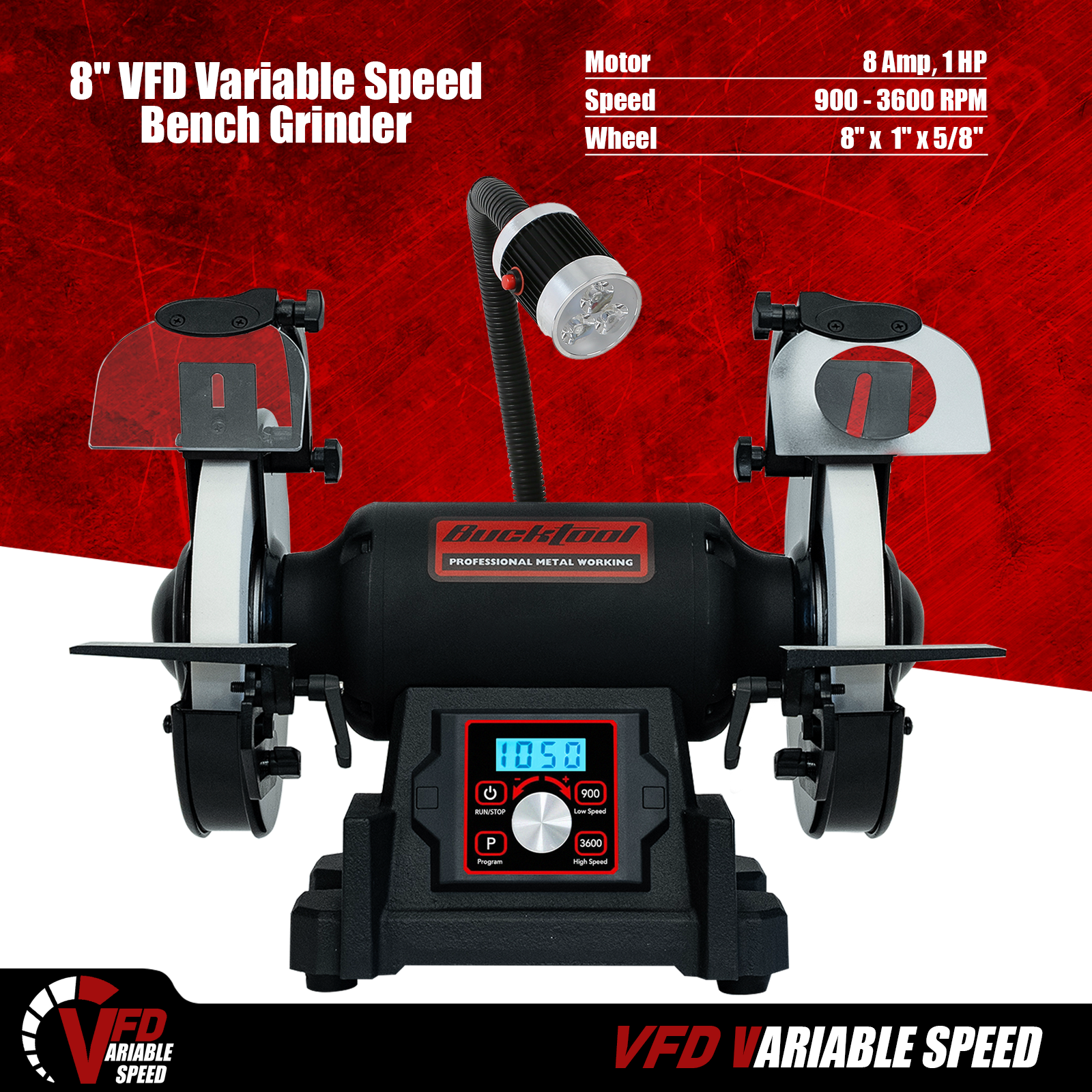 Bucktool 8" VFD 1HP Power Variable Speed Wobble-free Bench Grinder for Knife, Metalworking TDS-I200VL