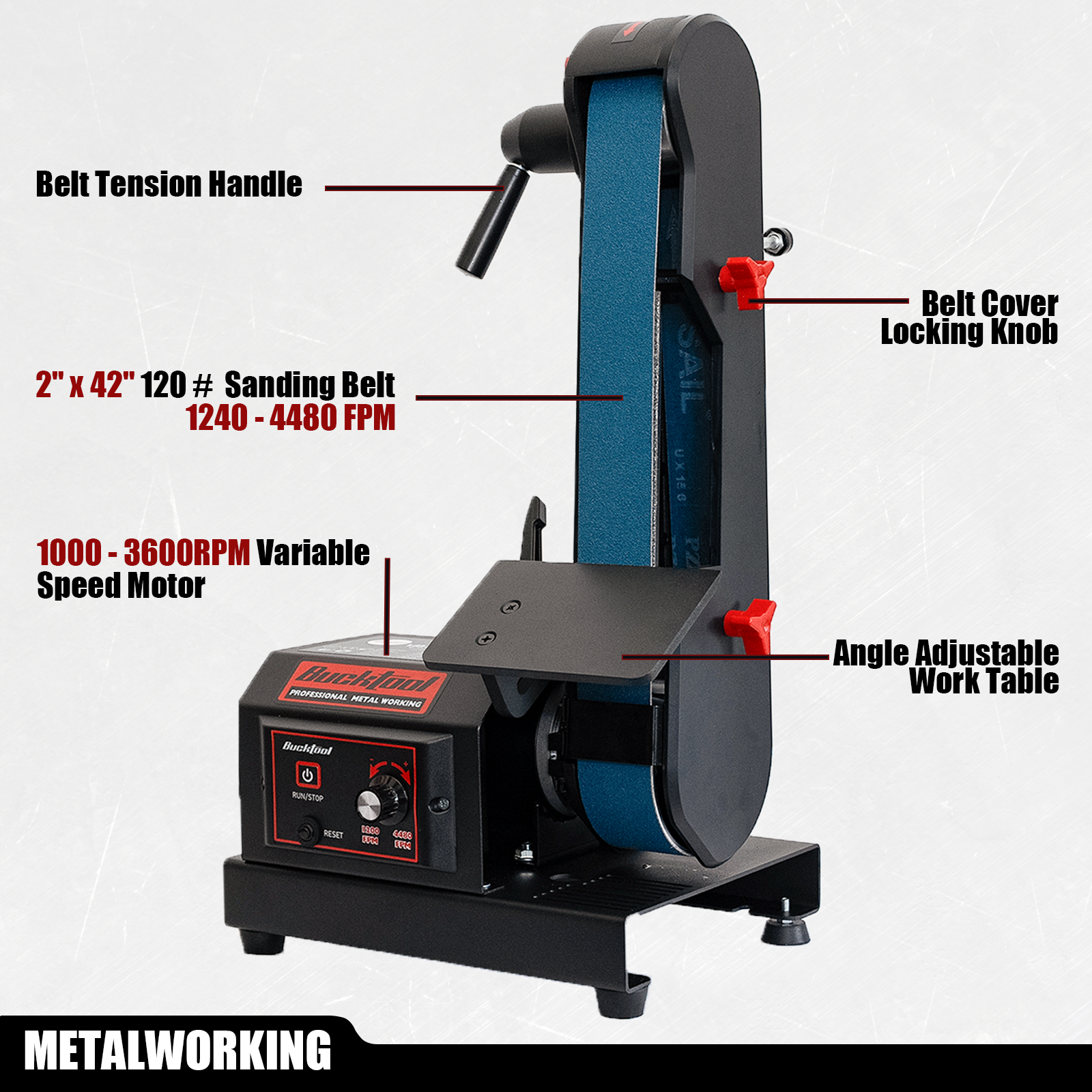 Bucktool Variable Speed 2×42 Inch Belt Sander for Knife Making and Metalworking, Adjustable Foot, Horizontal or Wall-Mountable BS242V