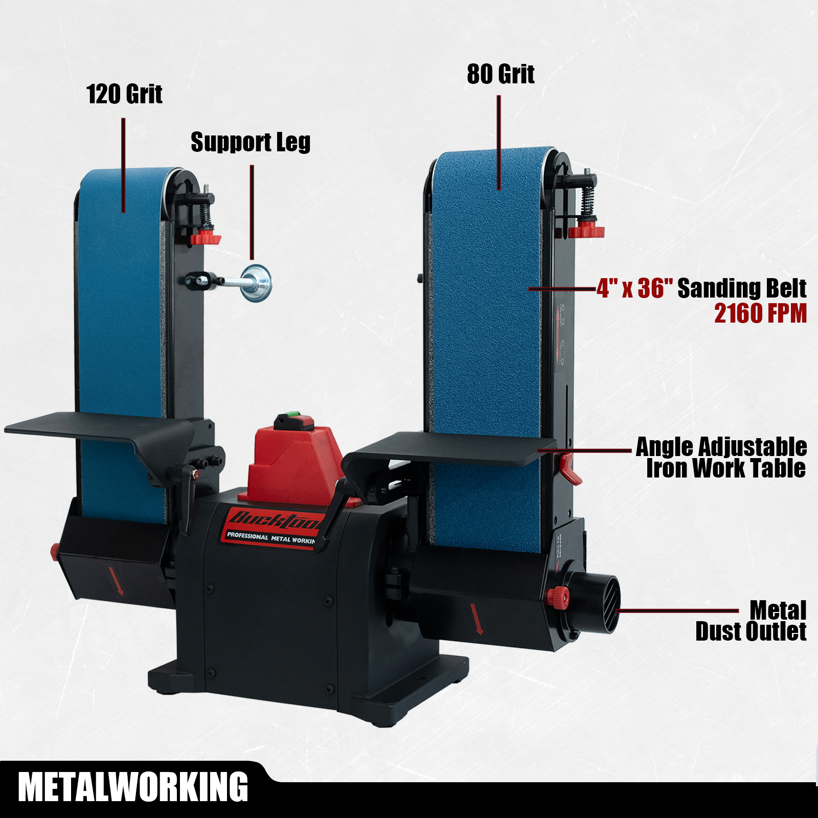 BUCKTOOL 1HP Benchtop Dual-Belt Sander, 4 x 36 in Sanding Belts with 80 & 120 Grits, 2160 FPM BS436D