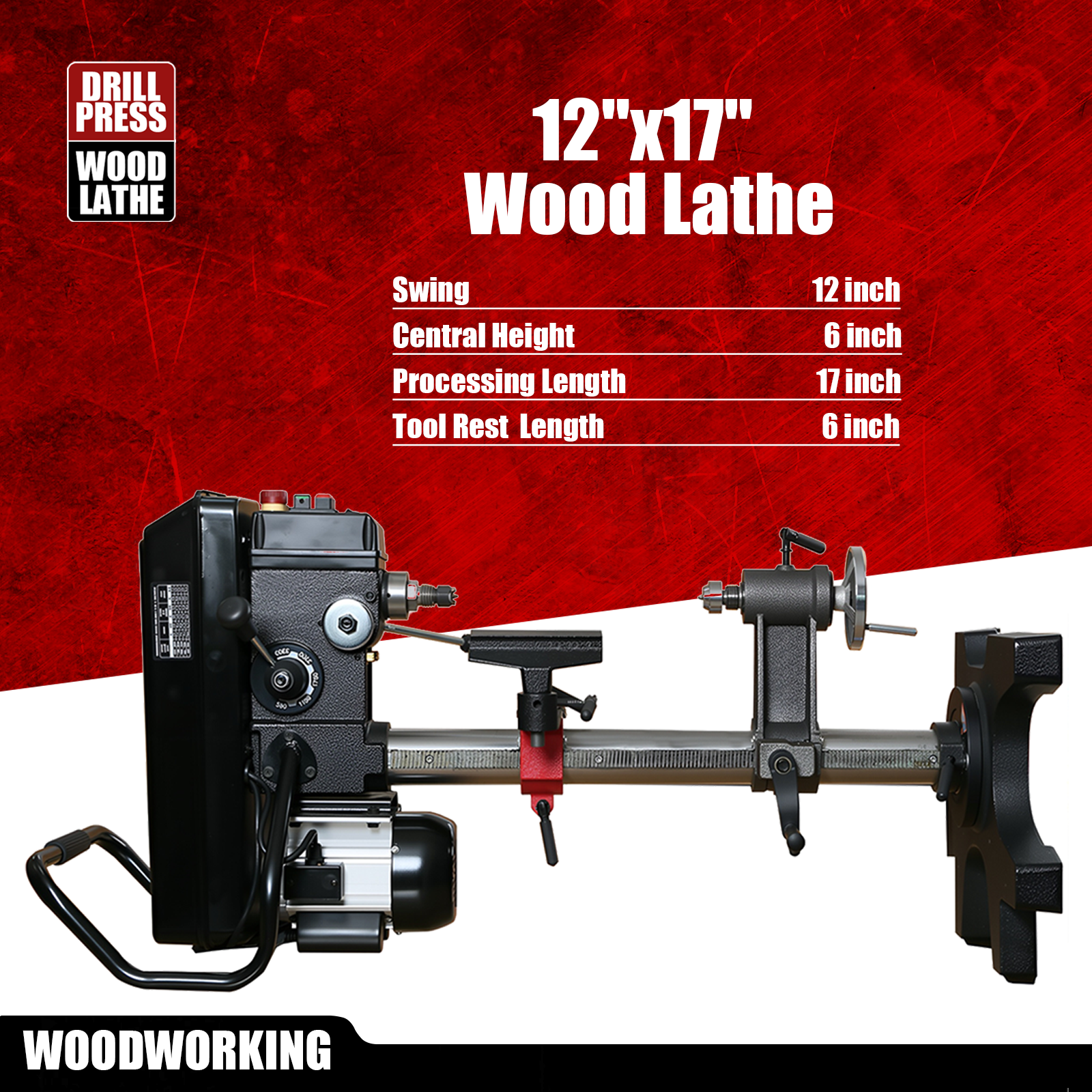 BUCKTOOL Drill Press and Wood Lathe Combo, 3/4HP 12" 6.2Amp 580-3200RPM Variable Speed Benchtop Drill Press and 12"x17" Wood Lathe - Bucktool