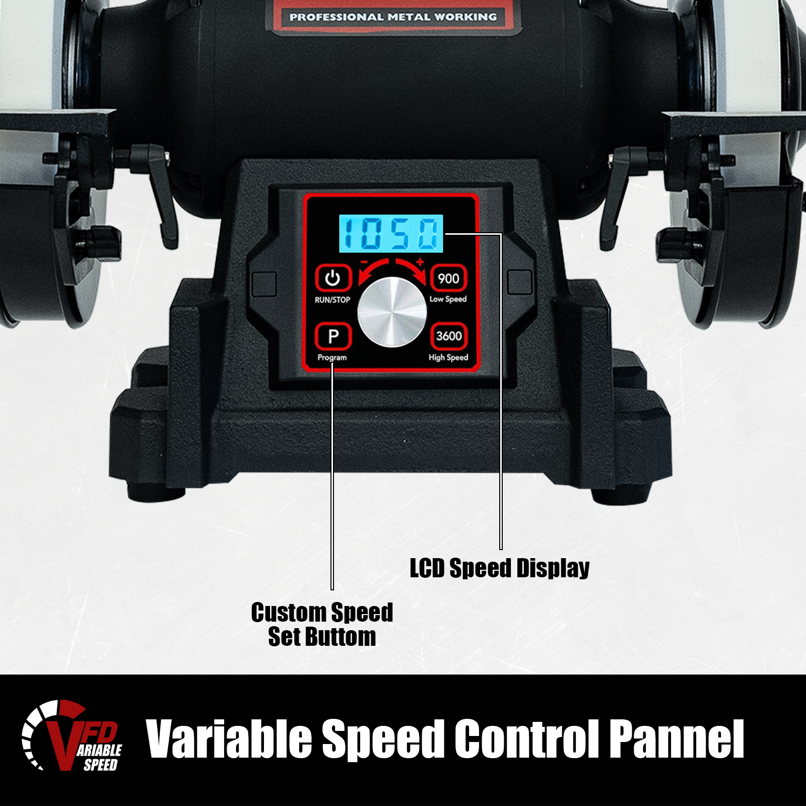 Bucktool 8" VFD 1HP Power Variable Speed Wobble-free Bench Grinder for Knife, Metalworking TDS-I200VL