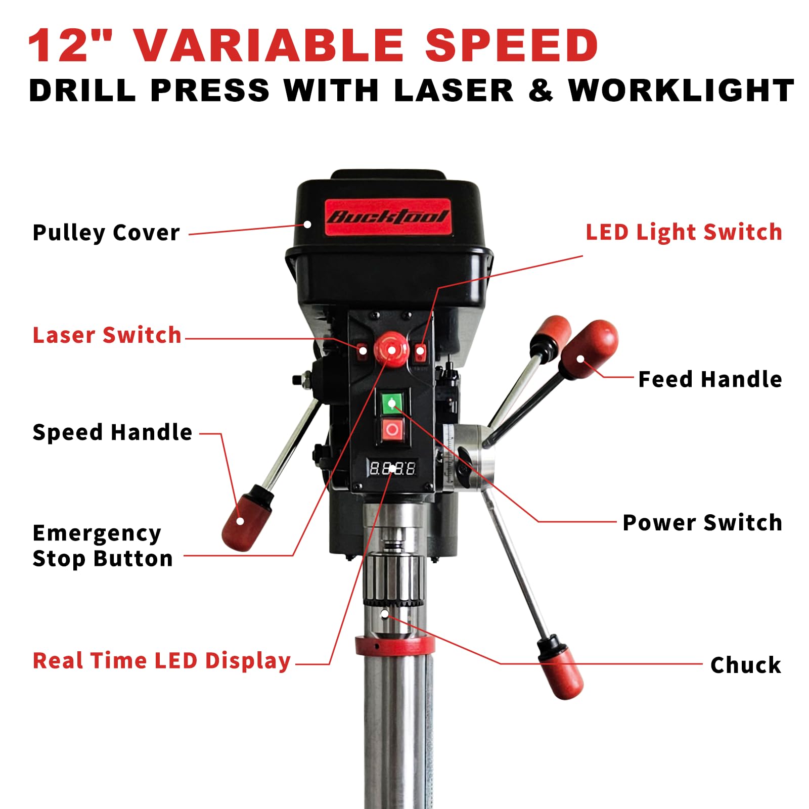 BUCKTOOL 12'' Low Speed Drill Press | 3/4HP 6-Pole Motor (360–2000 RPM) | Precision Tabletop Drill with Laser Guide & LED Worklight | Ideal for Metal & Wood , DP12VL-2
