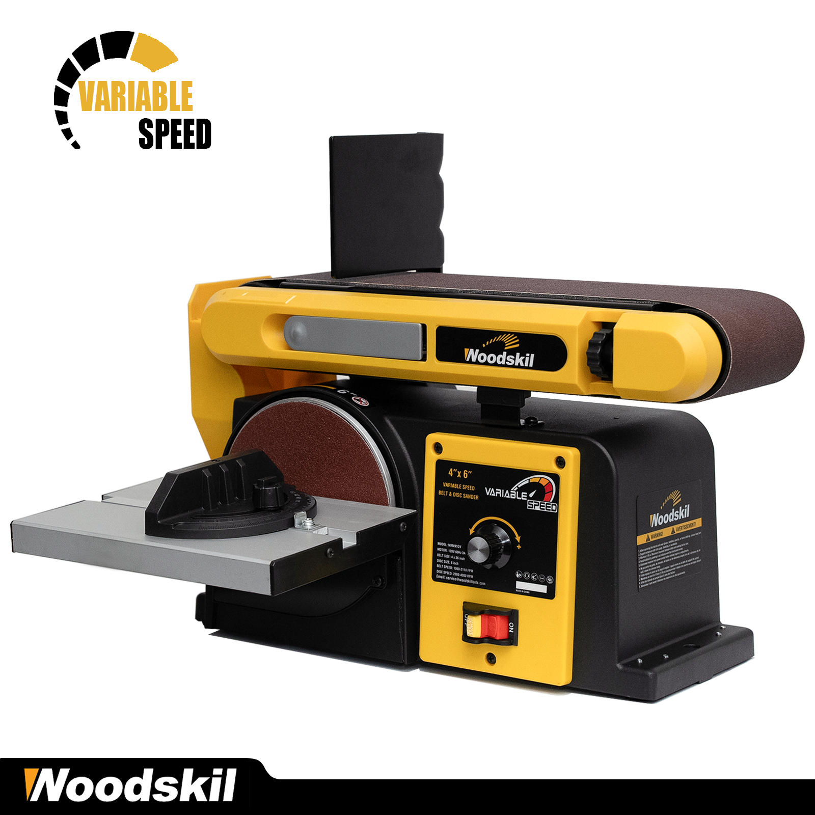 Woodskil Variable Speed, 3-Amp Belt & Disc Sander Combo, 4x36 in. Belt & 6 in. Disc Sander with 3/4HP Motor, Upgraded Model - Bucktool
