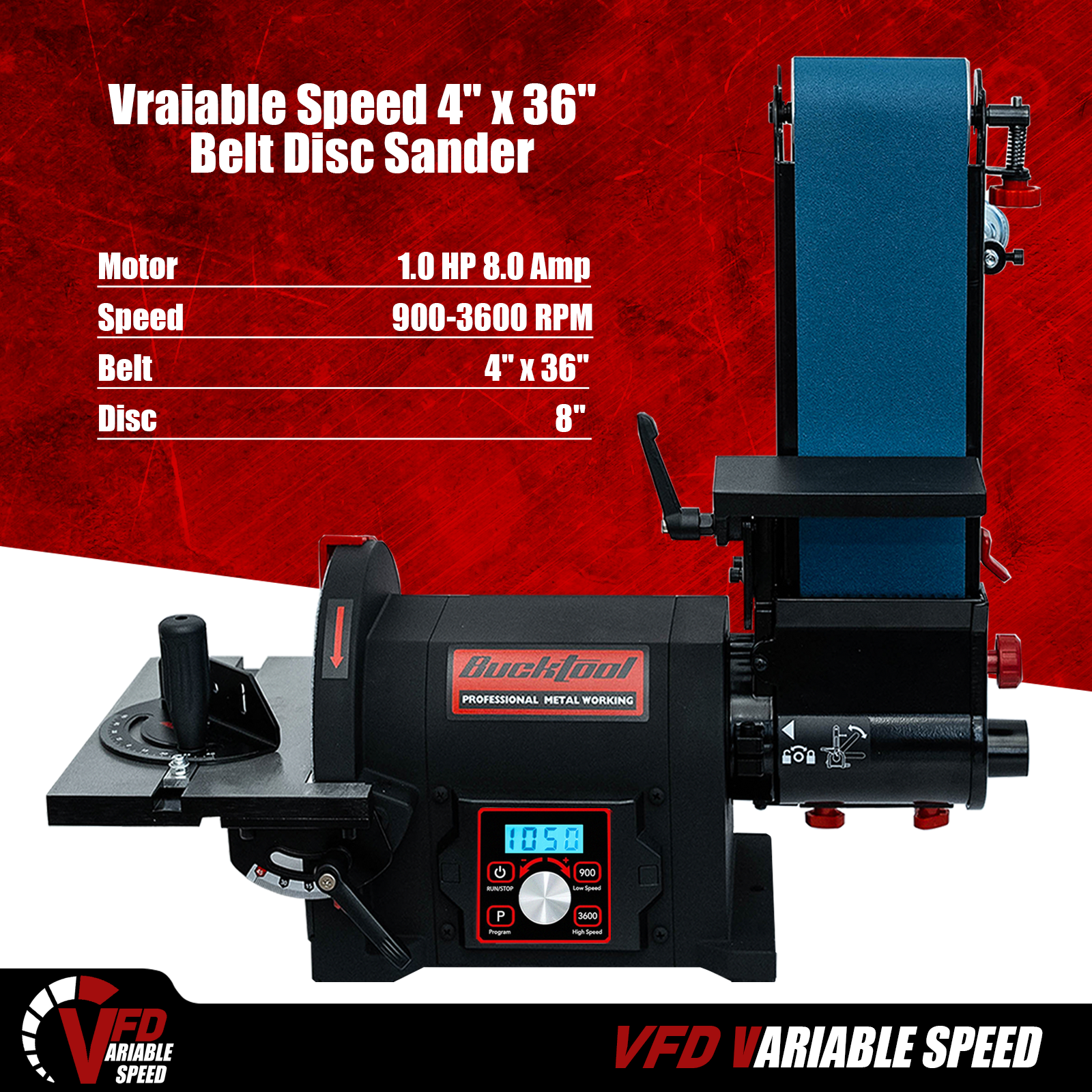 BUCKTOOL 1HP VFD Belt Disc Sander, 4x36 Inch Belt and 8 Inch Disc, 900-3600 RPM Variable Speed Benchtop Sander Combo BD4802IV