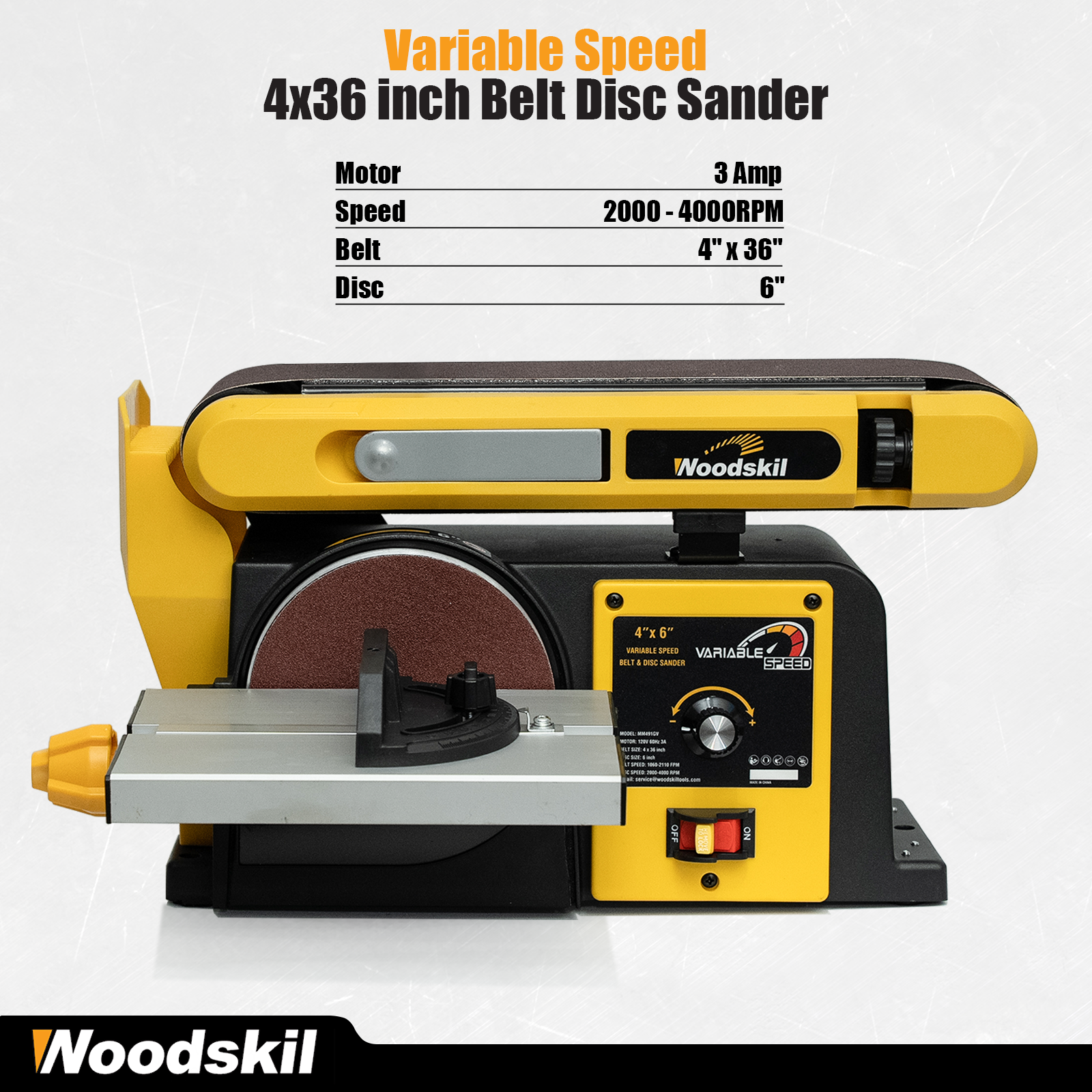 Woodskil Variable Speed, 3-Amp Belt & Disc Sander Combo, 4x36 in. Belt & 6 in. Disc Sander with 3/4HP Motor, Upgraded Model - Bucktool