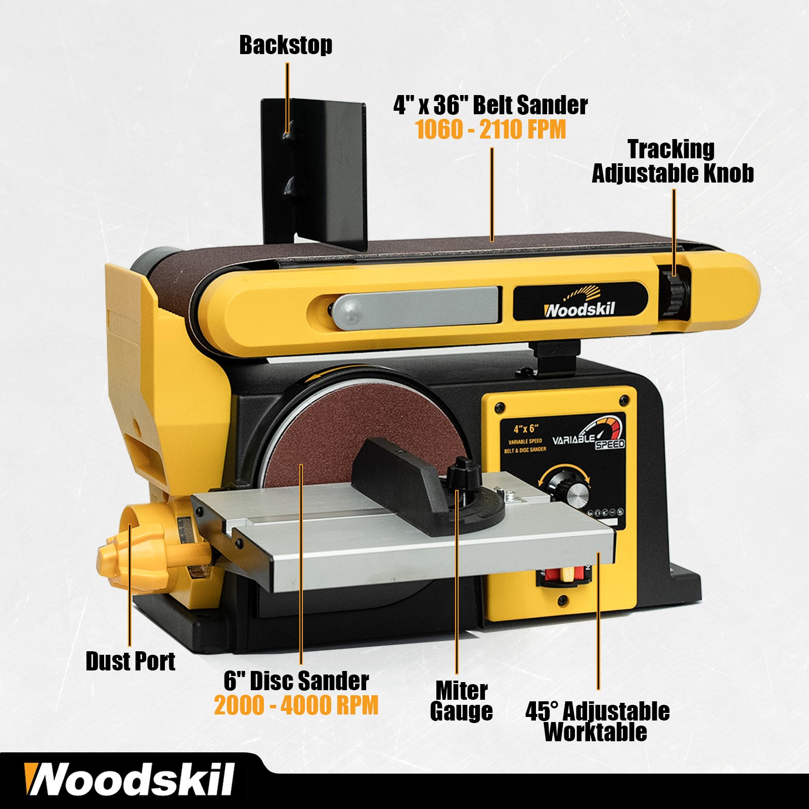 Woodskil Variable Speed, 3-Amp Belt & Disc Sander Combo, 4x36 in. Belt & 6 in. Disc Sander with 3/4HP Motor, Upgraded Model - Bucktool