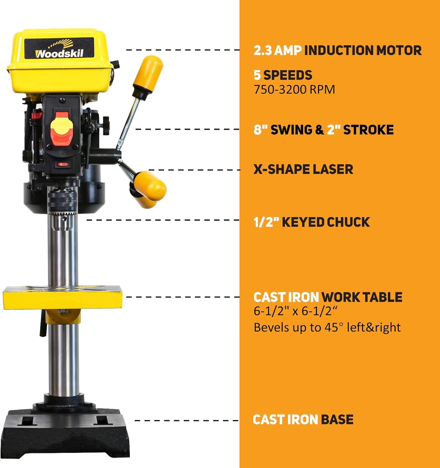 8 Inch Drill Press, 2.3 Amp 5-Speed Bench Drill Press with Laser Guide and Cast Iron Worktable