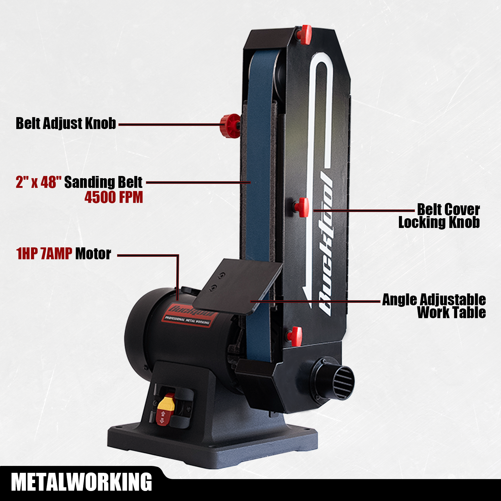 BUCKTOOL 1HP 2×48 Inch 4500 FPM Bench Belt Sander with Iron Base & Platen with Safety Switch CH50BS