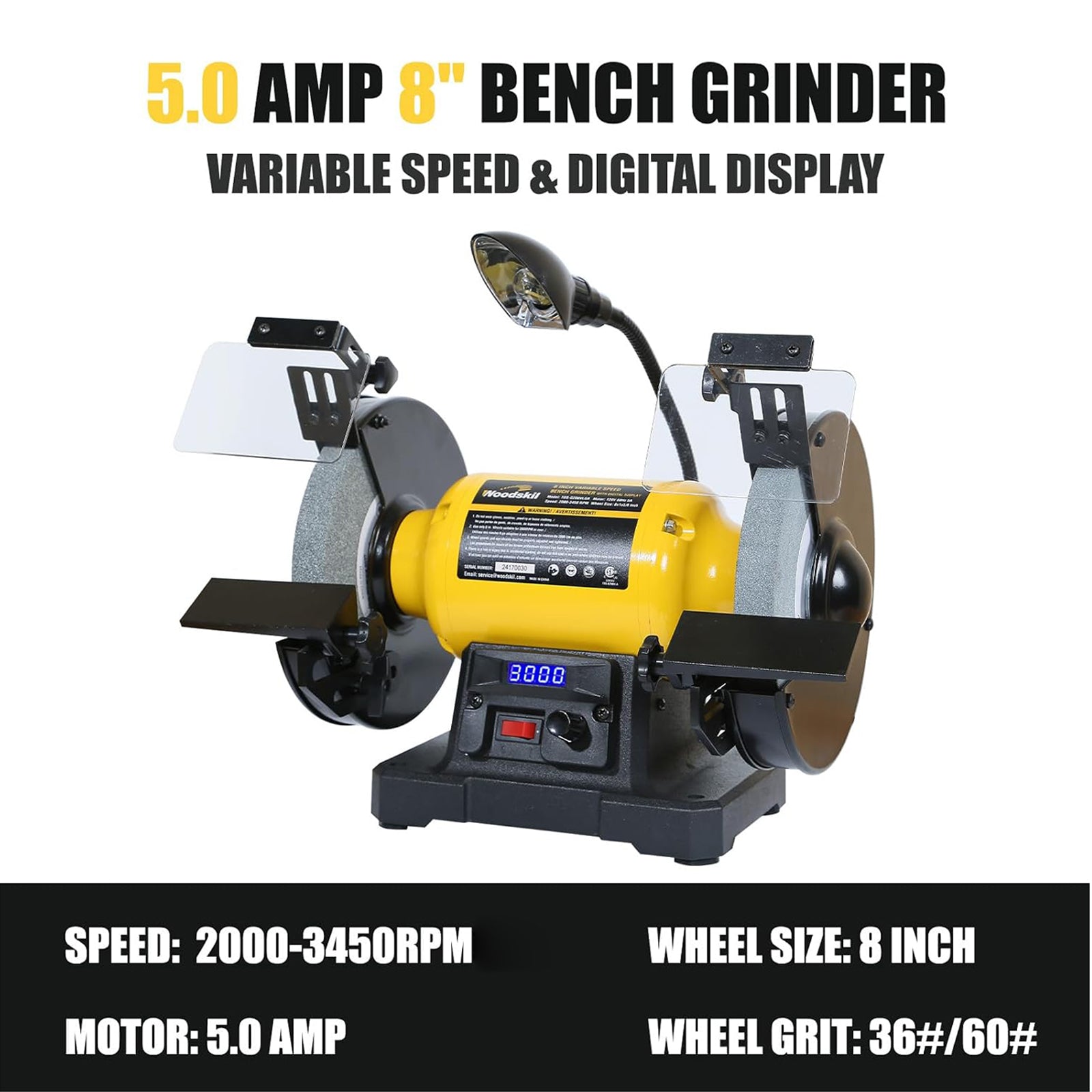 Digital Display 8 Inch Variable Speed Bench Grinder, 3/4HP 5.0 Amp Power Bench Grinder TDS-G200VLGA