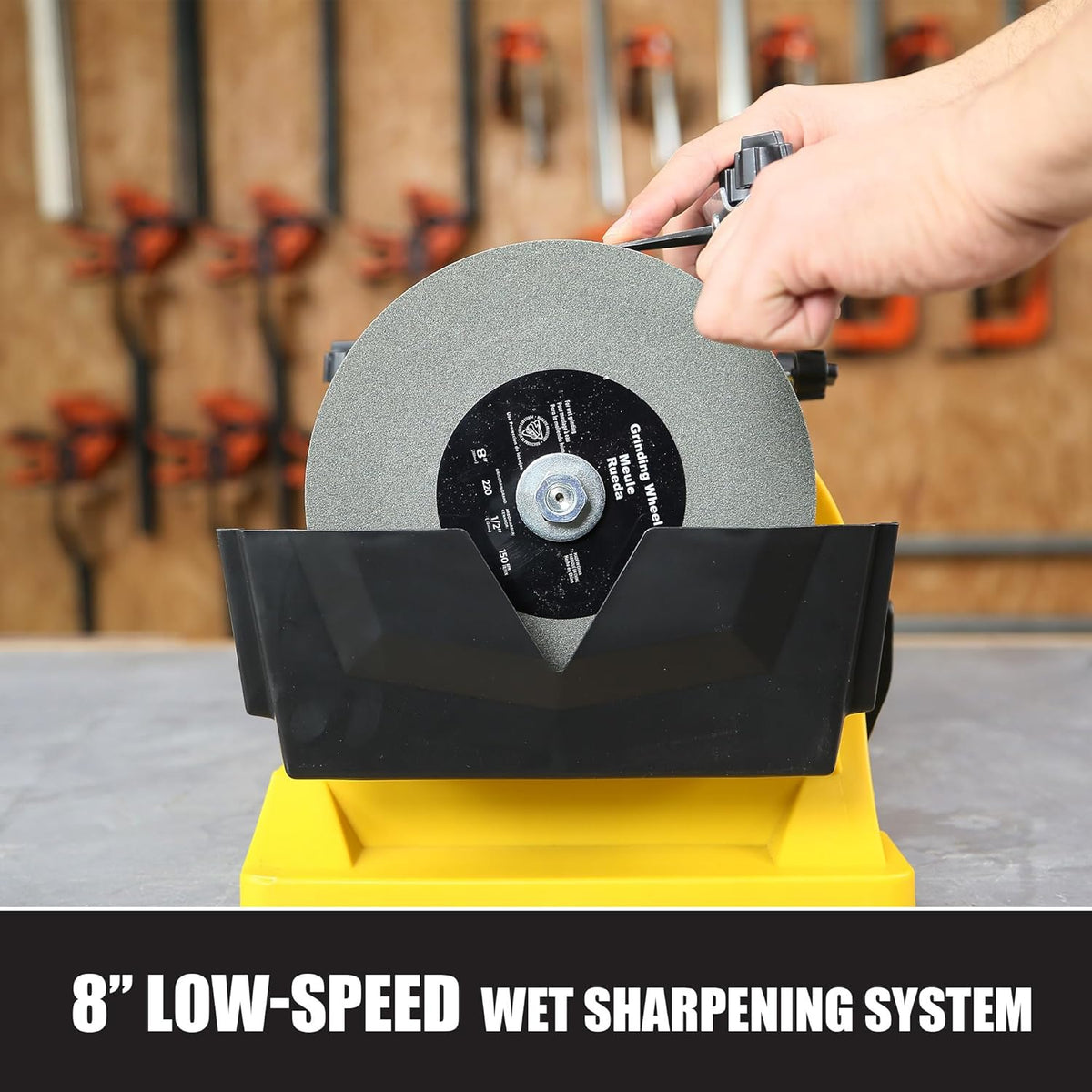 8" Low Speed Wet Sharpening System, 1.1Amp Water Cooled Sharpening Machine with Leather Stropping Wheel, 220 Grit Wheel, 135 RPM Wet Sharpener & Grinder for Knives, Blades, And Chisels