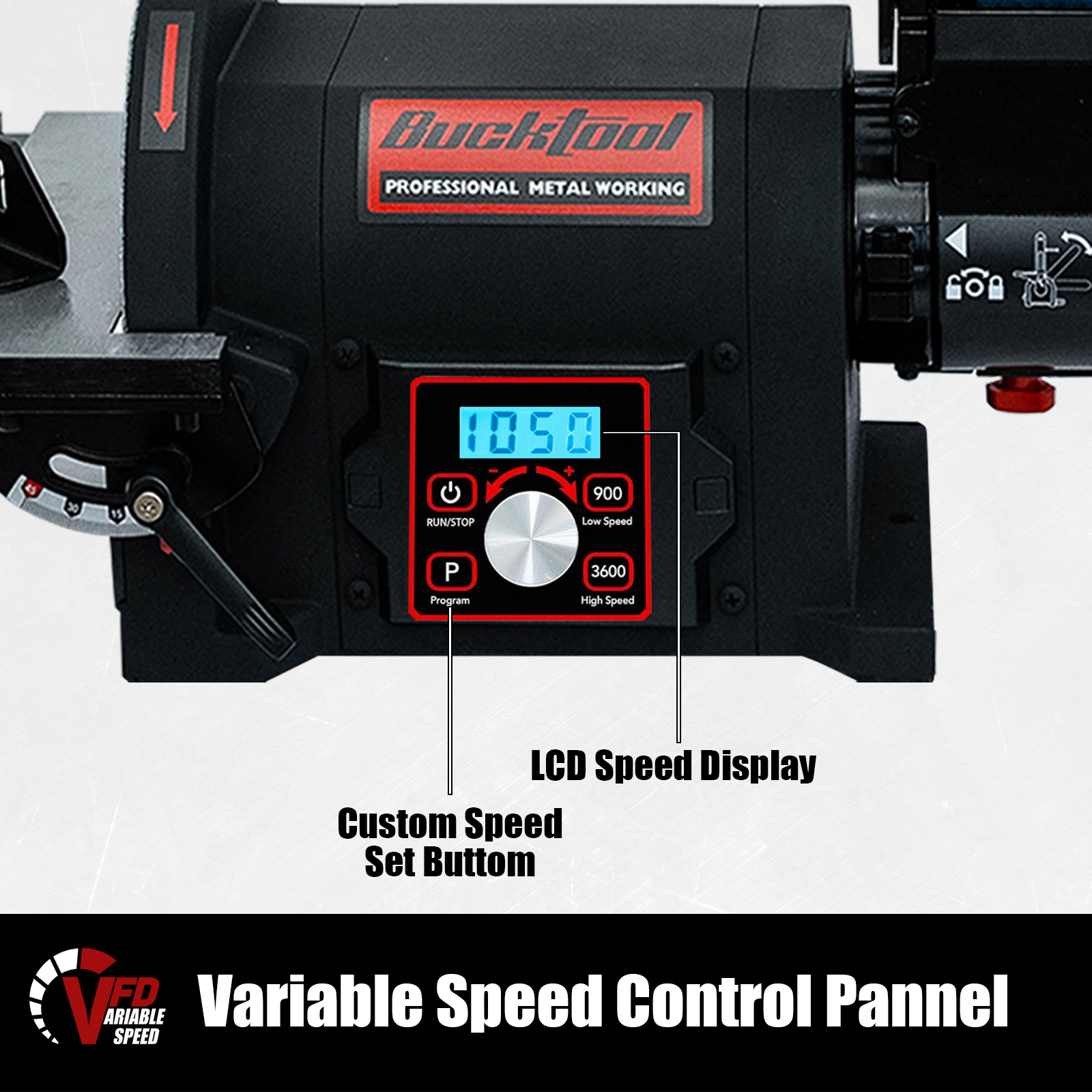 BUCKTOOL 1HP VFD Belt Disc Sander, 4x36 Inch Belt and 8 Inch Disc, 900-3600 RPM Variable Speed Benchtop Sander Combo BD4802IV