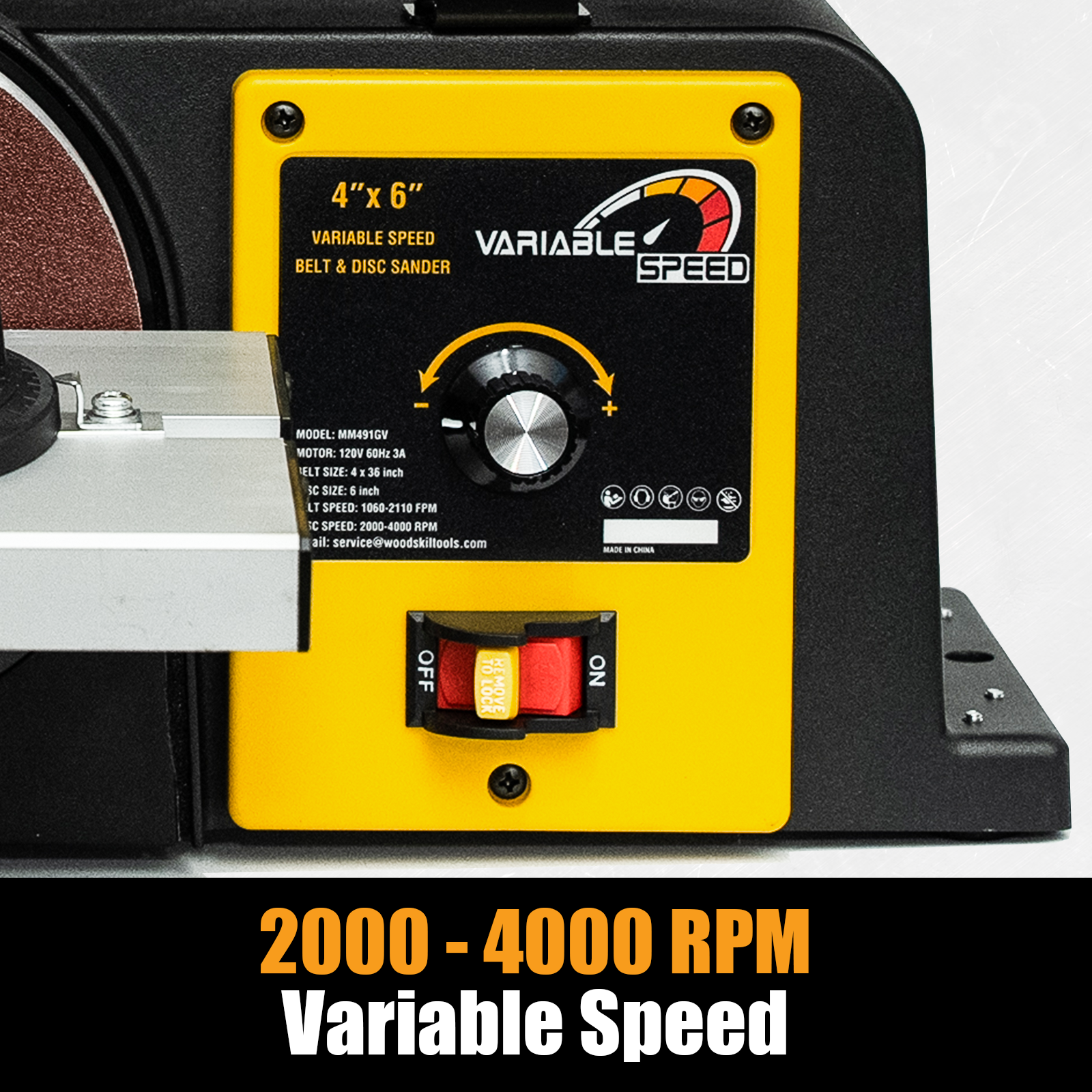 Woodskil Variable Speed, 3-Amp Belt & Disc Sander Combo, 4x36 in. Belt & 6 in. Disc Sander with 3/4HP Motor, Upgraded Model - Bucktool