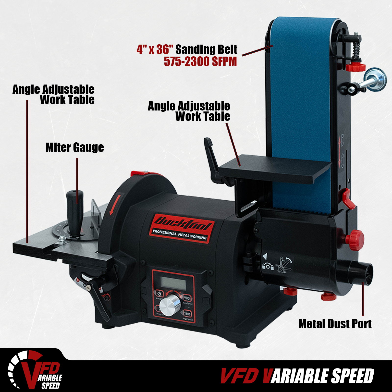 BUCKTOOL 1HP VFD Belt Disc Sander, 4x36 Inch Belt and 8 Inch Disc, 900-3600 RPM Variable Speed Benchtop Sander Combo BD4802IV