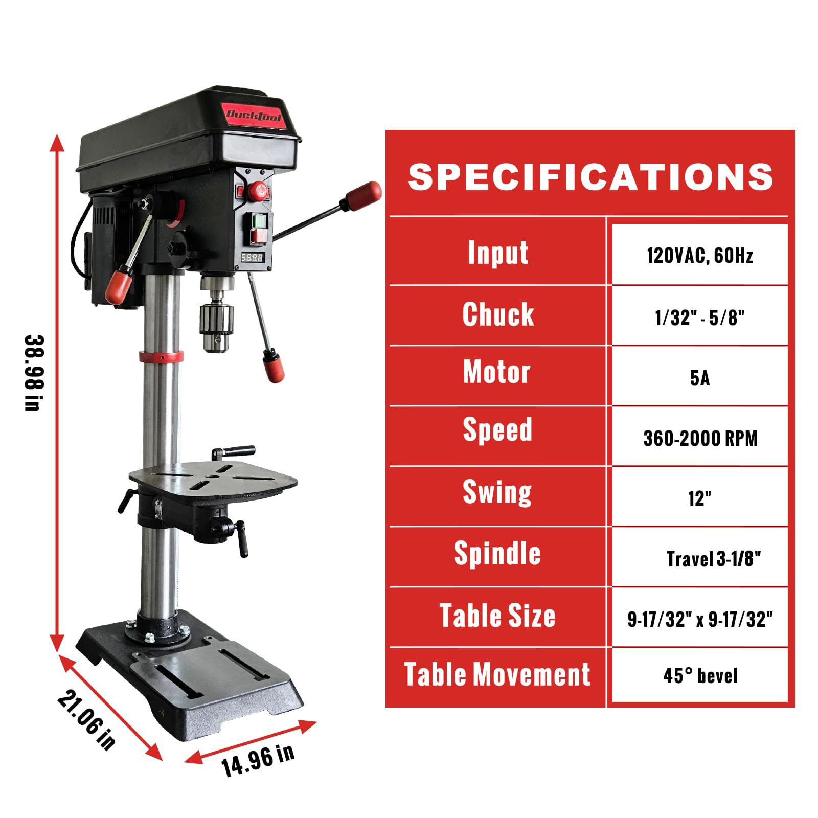BUCKTOOL 12'' Low Speed Drill Press | 3/4HP 6-Pole Motor (360–2000 RPM) | Precision Tabletop Drill with Laser Guide & LED Worklight | Ideal for Metal & Wood , DP12VL-2